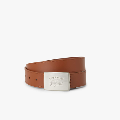 Lacoste Menâs Leather Belt With Logo Engraved Buckle - 35 In In Beige