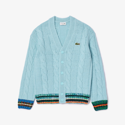 Lacoste Unisex Loose Fit Cable Knit Striped Cardigan - Xs In Blue