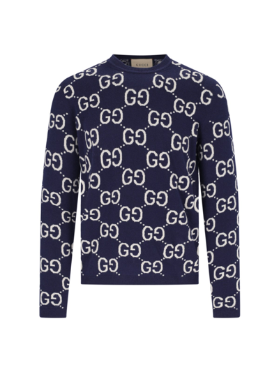 Gucci Gg 经典logo羊毛毛衣 In Blue,ivory