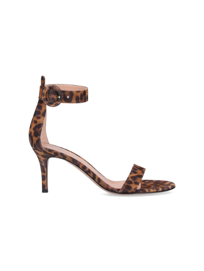 Gianvito Rossi Open Round Toe Visible Stitching Buckled Back Strap Leopard Pattern Golden Lettered Logo On Insole S In Almond_leopard_print