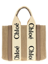 Chloé Small Woody Logo Strap Linen Tote In Gray