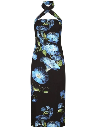 Dolce & Gabbana Blue Bell Floral Print Halter Midi Dress In Black