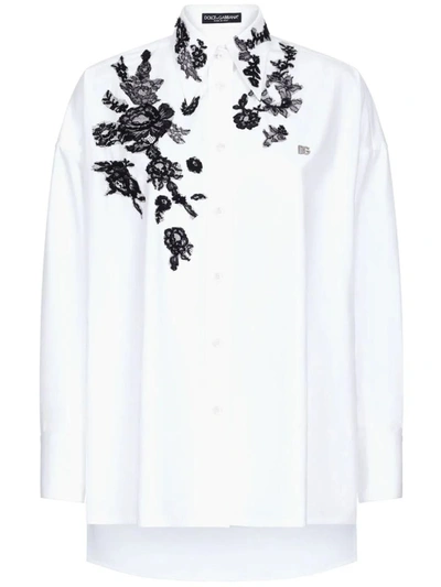 Dolce & Gabbana Floral-lace Long-sleeve Shirt In Optic White