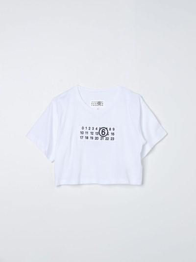 Mm6 Maison Margiela Kids' Mm6t87u T-shirt Maison Margiela Cropped T-shirt Branded With Numeric Logo In White