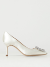 Manolo Blahnik Hangisi Pumps In Satin With Jewel Buckle In White