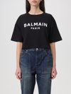 Balmain Logo Print Cropped Cotton Jersey T-shirt In Black
