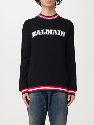 Balmain Black Jacquard Sweater In Multicolor