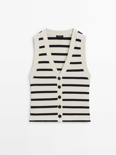 Massimo Dutti Striped Ribbed Cotton Waistcoat With Buttons In Gebrochen Weiss