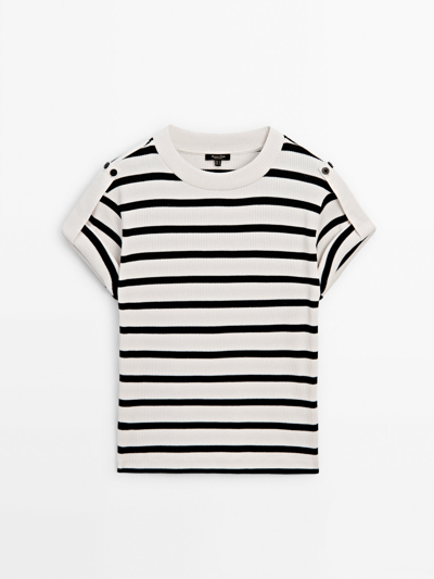Massimo Dutti Striped Ribbed T-shirt With Buttoned Shoulder Detail In Gebrochen Weiss
