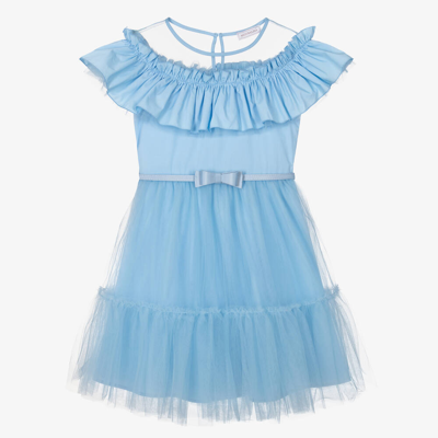 Monnalisa Chic Teen Girls Blue Cotton & Tulle Ruffle Dress