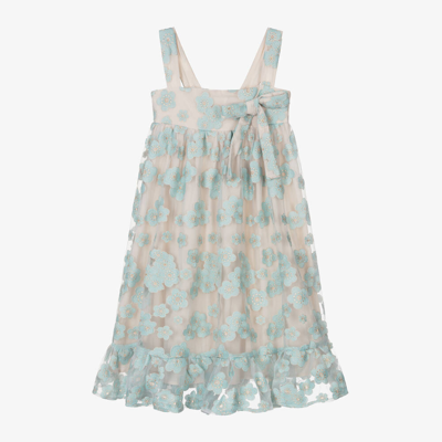 Petite Amalie Kids' Girls Turquoise Blue Embroidered Tulle Dress