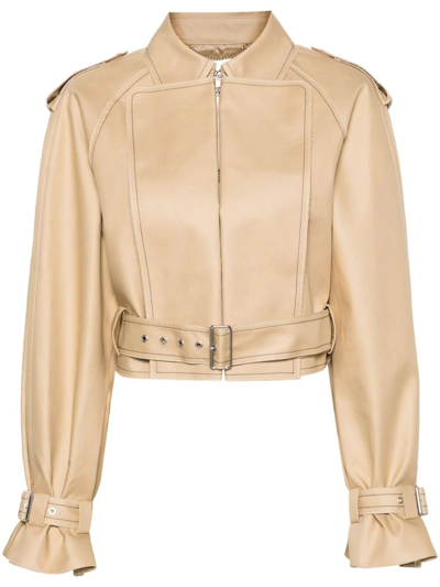 Victoria Beckham Raw-cut Cotton Biker Jacket In Beige