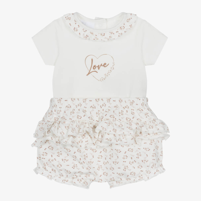 Ido Mini Baby Girls Ivory Heart Cotton Shorts Set