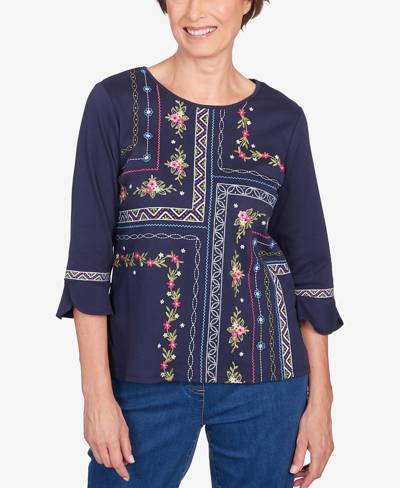 Alfred Dunner Women's In Full Bloom Flower Embroidery Quad Top In Navy