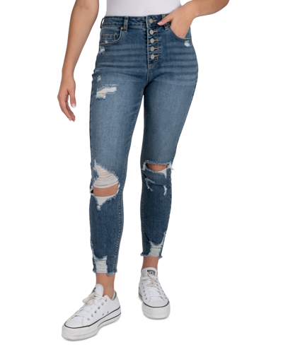 Indigo Rein Juniors' Curvy High-rise Button-front Distress Ankle Jeans In Med Blue