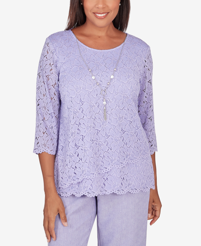 Alfred Dunner Women's Isn't It Romantic Lace Tulip Hem Top With Necklace In Lilac