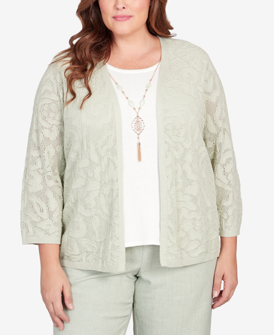 Alfred Dunner Plus Size English Garden Flower Stitch Two In One Top With Necklace In Sage