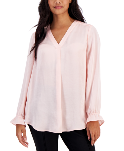 Ak Anne Klein Petite Rumpled Satin V-neck Long-sleeve Tunic In Cherry Blossom