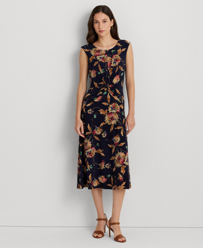 Lauren Ralph Lauren Women's Floral Twist-front Stretch Jersey Dress In Navy,tan,multi