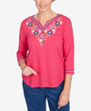 ALFRED DUNNER PETITE IN FULL BLOOM FLORAL EMBROIDERED SPLIT SHIRTTAIL HEM TOP