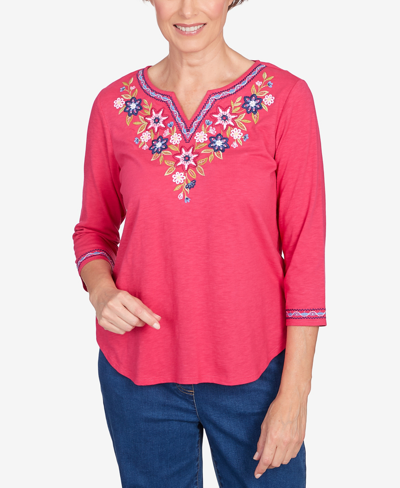 Alfred Dunner Petite In Full Bloom Floral Embroidered Split Shirttail Hem Top In Fuchsia