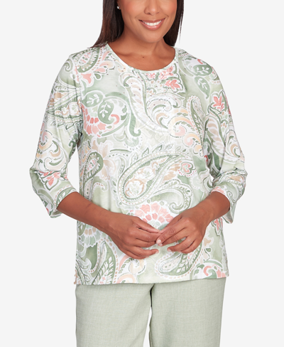 ALFRED DUNNER PETITE ENGLISH GARDEN WATERCOLOR PAISLEY LACE NECK TOP