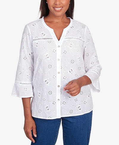 ALFRED DUNNER PETITE IN FULL BLOOM BUTTERFLY EYELET BUTTON FRONT SHIRT