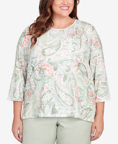 Alfred Dunner Plus Size English Garden Paisley Lace Paneled Crew Neck Top In Sage