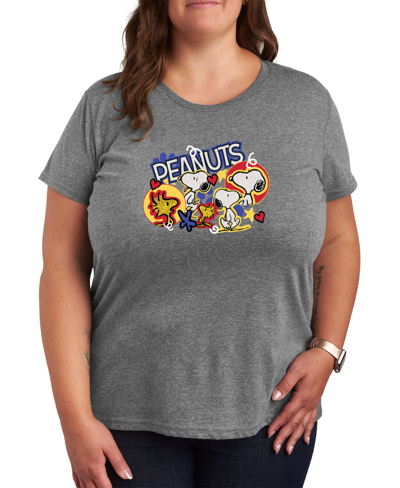 Air Waves Trendy Plus Size Peanuts Snoopy & Woodstock Graphic T-shirt In Gray