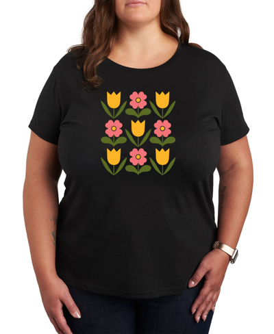 Air Waves Trendy Plus Size Flower Grid Graphic T-shirt In Black