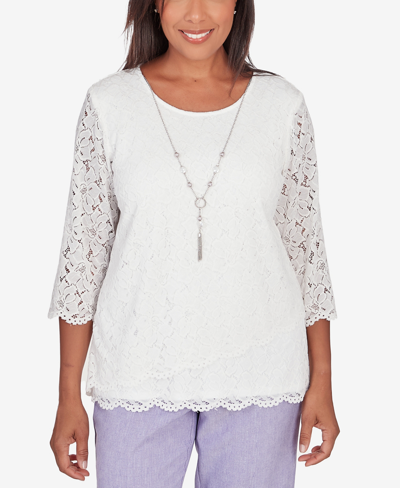 Alfred Dunner Women's Isn't It Romantic Lace Tulip Hem Top With Necklace In Off White