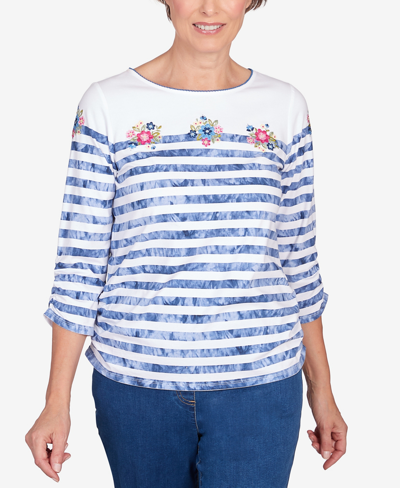 Alfred Dunner Petite In Full Bloom Tie Dye Stripe Flower Embroidered Top In Multi