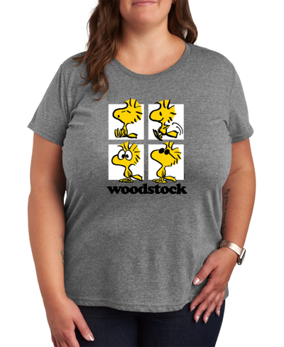 Air Waves Trendy Plus Size Peanuts Woodstock Graphic T-shirt In Gray