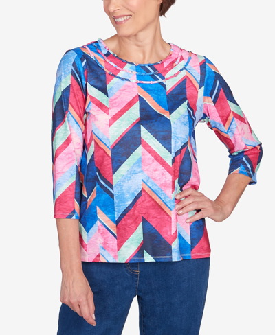 Alfred Dunner Women's In Full Bloom Triple Notch Neck Geometric Top In Multi