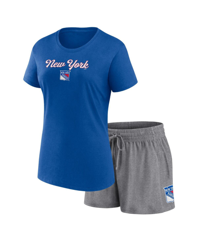 Fanatics Women's  Blue, Heather Gray New York Rangers Script T-shirt And Shorts Set In Blue,heather Gray