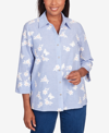 ALFRED DUNNER PETITE IN FULL BLOOM EMBROIDERED FLORAL BUTTERFLY STRIPE BUTTON DOWN TOP