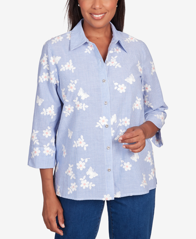 Alfred Dunner Petite In Full Bloom Embroidered Floral Butterfly Stripe Button Down Top In Multi