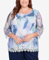 ALFRED DUNNER PLUS SIZE ISN'T IT ROMANTIC FLORAL MESH 3/4 SLEEVE TOP
