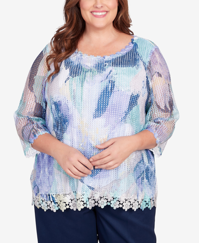 Alfred Dunner Plus Size Isn't It Romantic Floral Mesh 3/4 Sleeve Top In Multi