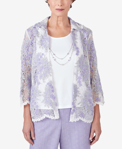 Alfred Dunner Plus Size Isn't It Romantic Collared Floral Lace Two In One Top With Necklace In Multi Lilac