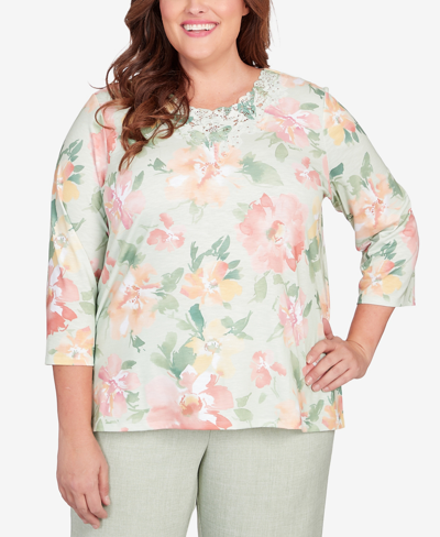 Alfred Dunner Plus Size English Garden Watercolor Floral Lace Neck Top In Sage