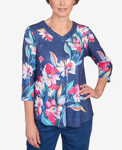 Alfred Dunner Petite In Full Bloom Placed Floral V-neck Top In Navy