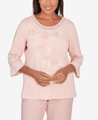 Alfred Dunner Petite English Garden Asymmetric Floral Flutter Sleeve Top In Peach