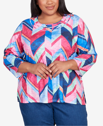 Alfred Dunner Plus Size In Full Bloom Triple Notch Neck Geometric Top In Multi