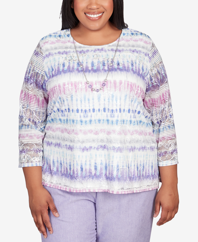 Alfred Dunner Plus Size Isn't It Romantic Ikat Biadere Crew Neck Top With Necklace In Multi
