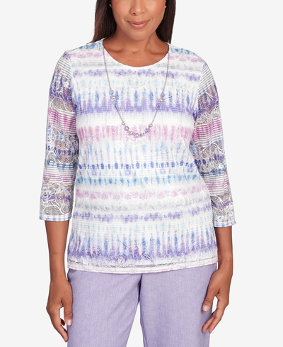 Alfred Dunner Women's Isn't It Romantic Ikat Biadere Crew Neck Top With Necklace In Multi