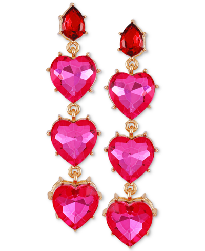 Guess Gold-tone Heart-shape Stone Linear Drop Earrings In Pink