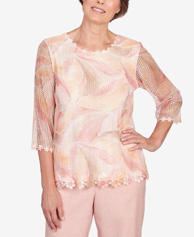 Alfred Dunner Petite English Garden Stained Glass Mesh Split Hem Top In Peach