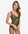 DKNY WOMEN'S SHIRRED KEYHOLE DETAIL ONE-PIECE SWIMSUIT