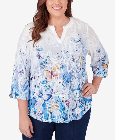 Alfred Dunner Plus Size In Full Bloom Butterfly Border Jacquard Split Neck Top In Multi